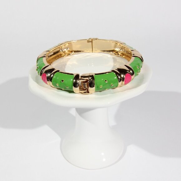 Vintage FORNASH Gold Tone w/ Green and Pink Enamel Bangle Bracelet 2.36" D - Picture 5 of 8
